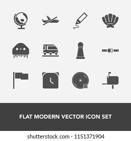 Modern, simple vector icon set with message, world, stationery, game, ufo, disk, flight, dvd, airplane, pen, disc, time, box, space, office, king, clock, mailbox, alien, travel, van, transport icons