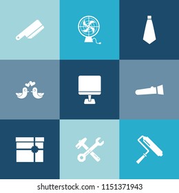 Modern, simple vector icon set on colorful blue backgrounds with present, suit, computer, bird, gift, box, wrench, table, roll, equipment, electric, torch, pigeon, restaurant, pc, cutlery, fork icons