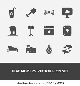 Modern, simple vector icon set with drink, exotic, tool, cloud, sweet, sofa, healthy, orchestra, white, business, play, poker, architecture, city, tropical, couch, shovel, interior, star, home icons