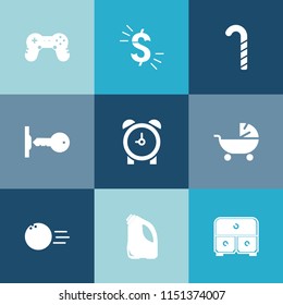 Modern, simple vector icon set on colorful blue backgrounds with lock, house, pram, dessert, game, fun, alarm, gaming, banking, security, controller, dollar, sport, kid, drawer, safe, pin, time icons