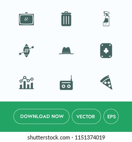 Modern, simple vector icon set on white background with graph, bin, pizza, screen, video, music, ecology, tv, finance, recycle, sailboat, boat, play, recycling, garbage, business, hat, trash icons