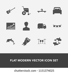 Modern, simple vector icon set with celebration, trend, musical, business, blossom, delivery, chart, wheelchair, flower, rock, bouquet, graph, holiday, dolphin, ocean, hanger, beautiful, car icons