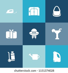 Modern, simple vector icon set on colorful blue backgrounds with spaceship, box, ufo, bow, building, decoration, bag, space, arrow, lift, equipment, iron, work, sign, fashion, truck, celebration icons