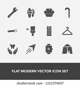 Modern, simple vector icon set with flight, toilet, plane, tent, agenda, camp, dental, lollipop, dessert, fashion, equipment, outdoor, cream, tool, cake, flashlight, travel, reminder, fly, lamp icons