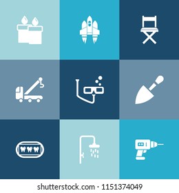 Modern, simple vector icon set on colorful blue backgrounds with sport, health, healthy, truck, tool, tow, accident, construction, celebration, flame, rocket, fire, drill, space, mask, galaxy icons