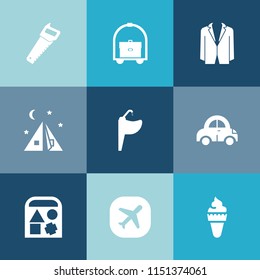 Modern, simple vector icon set on colorful blue backgrounds with water, transport, hotel, sweet, tourism, tent, bed, outdoor, person, plane, automobile, office, tap, male, saw, tie, adventure icons