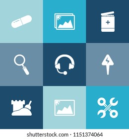 Modern, simple vector icon set on colorful blue backgrounds with medicine, medical, stereo, doctor, search, picture, drug, capsule, studio, hospital, magnifying, tool, blank, health, pill, old icons