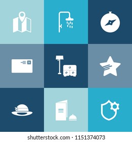 Modern, simple vector icon set on colorful blue backgrounds with paper, water, star, home, map, object, internet, table, bathroom, location, success, bed, pin, envelope, furniture, letter, web icons