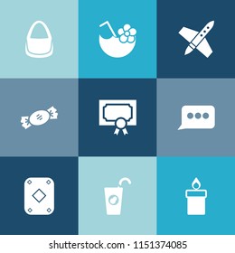Modern, simple vector icon set on colorful blue backgrounds with message, fresh, speech, lollipop, drink, wax, bag, glass, candle, alcohol, sweet, tropical, rocket, play, spaceship, poker, game icons