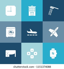 Modern, simple vector icon set on colorful blue backgrounds with water, space, real, desk, computer, business, time, hygiene, screen, machine, timer, house, hour, bathroom, bath, concept, play icons