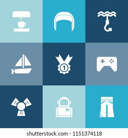 Modern, simple vector icon set on colorful blue backgrounds with cosmonaut, astronaut, kitchen, summer, cosmos, hook, work, transportation, boat, award, cup, pants, science, sea, cooler, woman icons