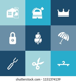 Modern, simple vector icon set on colorful blue backgrounds with weather, mop, clean, queen, house, protection, security, knife, dessert, cake, food, spray, fork, delicious, king, pie, sweet icons