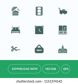 Modern, simple vector icon set on white background with minute, movie, musical, gardening, mattress, kitchen, bed, cinema, time, agriculture, entertainment, equipment, architecture, watch, hour icons