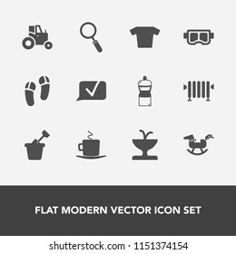 Modern, simple vector icon set with agriculture, toy, tractor, play, footwear, farm, broom, baby, cup, coffee, sea, summer, boiler, sand, sandbox, equipment, home, fashion, drink, vehicle, mask icons