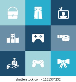 Modern, simple vector icon set on colorful blue backgrounds with black, female, business, game, young, suit, controller, woman, model, bow, tape, style, tie, pants, joystick, money, bag, hotel icons