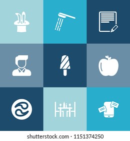 Modern, simple vector icon set on colorful blue backgrounds with shower, healthy, wash, japan, communication, sign, restaurant, magic, dessert, paper, bath, apple, food, star, pen, japanese, boy icons