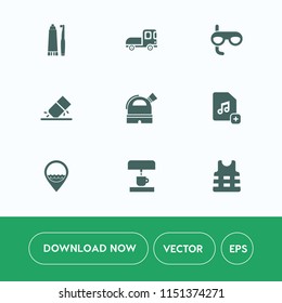 Modern, simple vector icon set on white background with trailer, white, dental, snorkel, health, vehicle, education, job, sport, office, transport, hygiene, transportation, location, tooth, mask icons