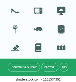 Modern, simple vector icon set on white background with play, machine, web, oven, rubber, eraser, shoe, erase, colorful, food, elegant, heel, stick, game, striped, footwear, book, sign, white icons