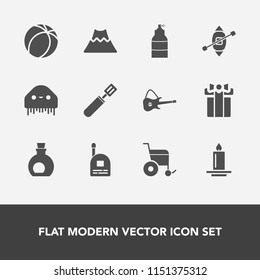 Modern, simple vector icon set with box, lava, mountain, healthy, alien, sport, olive, monster, communication, musical, soccer, candle, game, pan, food, celebration, kitchen, football, ufo, sign icons