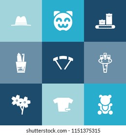 Modern, simple vector icon set on colorful blue backgrounds with animal, fashion, spring, sakura, happy, object, sky, bag, fluffy, hat, luggage, dental, asian, clothing, jump, pet, health, cap icons