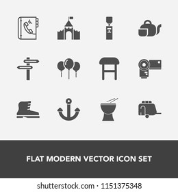 Modern, simple vector icon set with transportation, home, phone, photography, fashion, gallon, liquid, interior, transport, decoration, comfortable, van, footwear, internet, percussion, beverage icons