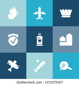 Modern, simple vector icon set on colorful blue backgrounds with white, business, brush, hygiene, league, sock, striped, check, food, baseball, bear, aircraft, queen, kitchen, air, warm, play icons