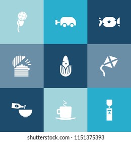 Modern, simple vector icon set on colorful blue backgrounds with audio, water, kitchen, drink, pram, mic, cappuccino, food, concert, candy, kite, wine, stick, cup, healthy, cafe, lollipop, chef icons