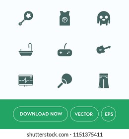 Modern, simple vector icon set on white background with character, guitar, creature, childhood, table, newborn, female, tennis, fiction, heart, musical, ping, joystick, health, shake, infant icons