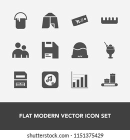 Modern, simple vector icon set with beauty, fashion, sound, file, care, adventure, computer, plane, food, diskette, ticket, data, brush, tent, camp, house, person, headwear, airplane, save, man icons