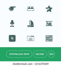 Modern, simple vector icon set on white background with game, bedroom, wind, equipment, office, house, web, whistle, ship, boat, referee, website, sail, sign, interior, shape, sport, home, white icons