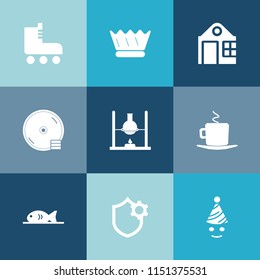 Modern, simple vector icon set on colorful blue backgrounds with house, internet, king, architecture, disk, estate, city, party, business, jewelry, cup, luxury, retro, roller, skate, chemistry icons