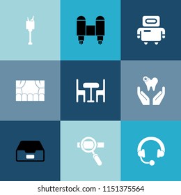 Modern, simple vector icon set on colorful blue backgrounds with theater, research, document, rocket, robotic, sound, drink, healthy, party, health, audio, champagne, headphone, cyborg, ship icons