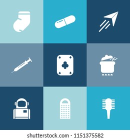 Modern, simple vector icon set on colorful blue backgrounds with dish, science, pill, food, care, winter, socks, beauty, pharmacy, warm, fashion, cooking, sock, striped, fly, clothes, astronaut icons