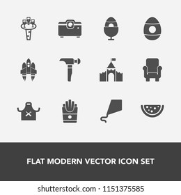 Modern, simple vector icon set with hammer, spring, watermelon, glass, joy, chair, shuttle, sky, galaxy, furniture, fast, medieval, summer, wineglass, drink, craft, easter, rocket, bar, potato icons