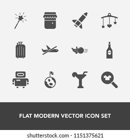 Modern, simple vector icon set with pin, magic, newborn, bed, space, alcohol, cyborg, red, drink, glass, earth, woman, futuristic, launch, nature, travel, plane, bowling, honey, clothes, toy icons