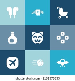 Modern, simple vector icon set on colorful blue backgrounds with grate, football, kitty, healthy, soccer, earphone, child, space, play, oil, grater, object, cheese, mediterranean, white, olive icons