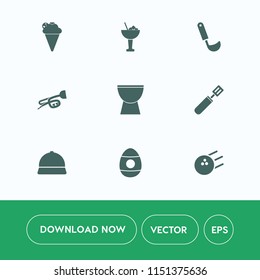Modern, simple vector icon set on white background with easter, ice, holiday, beverage, drink, ladle, music, strawberry, lime, bar, lemon, trumpet, alcohol, utensil, pan, dinner, sign, cone, fun icons