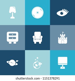 Modern, simple vector icon set on colorful blue backgrounds with record, astronaut, sound, healthy, internet, pc, disc, science, planet, interior, disk, health, modern, astronomy, care, model icons