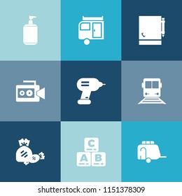 Modern, simple vector icon set on colorful blue backgrounds with liquid, summer, page, toy, vehicle, soap, drill, care, film, journey, paper, handle, child, industry, lollipop, hygiene, sweet icons