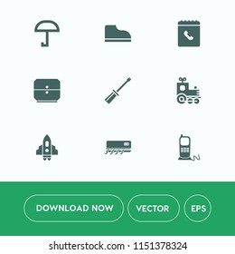 Modern, simple vector icon set on white background with drawer, communication, office, umbrella, travel, spaceship, train, business, book, construction, internet, conditioner, equipment, work icons