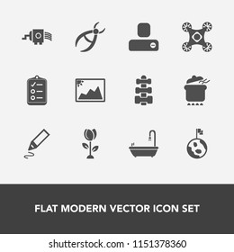 Modern, simple vector icon set with list, dish, camera, dentistry, medical, fitness, dinner, checklist, pen, space, drill, food, person, frame, bathroom, meal, grater, nature, stationery, office icons