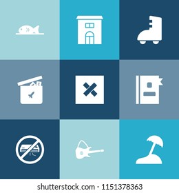 Modern, simple vector icon set on colorful blue backgrounds with estate, island, book, palm, ball, telephone, travel, air, roller, real, seafood, architecture, guitar, pizza, sport, phone, bear icons