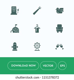 Modern, simple vector icon set on white background with fuel, nature, clothing, armchair, gas, energy, chair, fire, arctic, wine, dinner, petrol, department, park, hanger, restaurant, bird, red icons