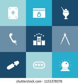 Modern, simple vector icon set on colorful blue backgrounds with hotel, communication, dental, internet, brush, black, fashion, instrument, padlock, magic, health, dessert, telephone, web, white icons