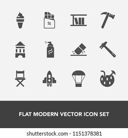 Modern, simple vector icon set with juice, spanner, erase, tower, library, paint, graffiti, sign, sweet, seat, summer, balloon, technology, strawberry, street, drink, rocket, vanilla, chocolate icons