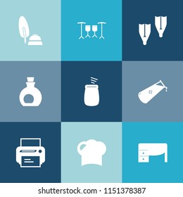 Modern, simple vector icon set on colorful blue backgrounds with instrument, sea, percussion, fountain, print, calligraphy, mediterranean, flipper, sign, summer, paper, green, equipment, food icons