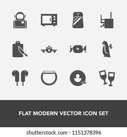 Modern, simple vector icon set with user, table, cosmonaut, spice, microwave, animal, salt, fork, travel, music, oven, alcohol, cutlery, baby, seasoning, airplane, time, penguin, flight, glass icons