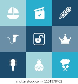 Modern, simple vector icon set on colorful blue backgrounds with royal, dentistry, play, brush, transport, king, lock, duck, unlock, food, industrial, medical, butterfly, boat, dentist, fly, toy icons