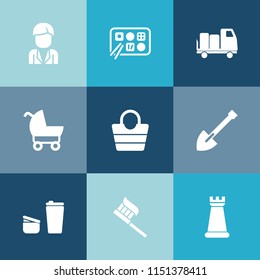 Modern, simple vector icon set on colorful blue backgrounds with drink, clean, cup, equipment, people, coffee, meal, food, menu, child, tool, bag, shovel, baby, hygiene, chinese, pram, leather icons
