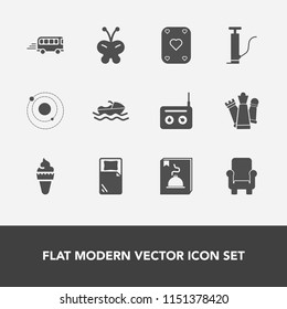 Modern, simple vector icon set with road, planet, radio, piece, street, space, beauty, bed, sound, travel, galaxy, sea, media, play, ship, chair, nature, vessel, speed, transportation, food, bus icons